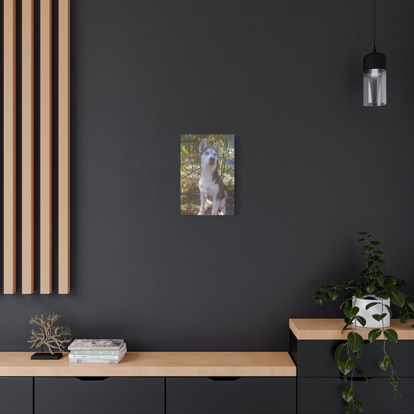 Canvas Wall Art - Pebbles Red and White Husky by Tree with Greenery