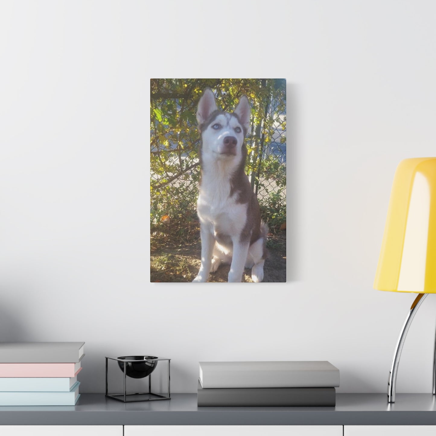 Canvas Wall Art - Pebbles Red and White Husky by Tree with Greenery
